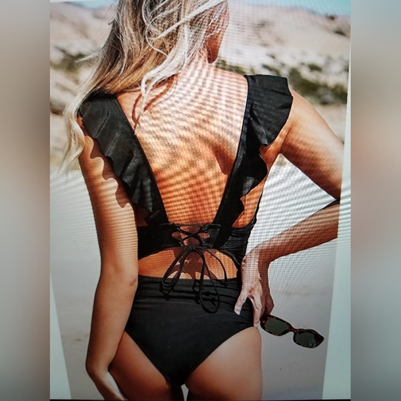 NWT MONOKINI V NECK RUFFLE CUT OUT LACE UP BACK SIZE XL SLIMMING - Picture 2 of 13